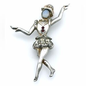 RARE 1940’s Signed Jordan Pierrot Brooch Moonstone Face Rhinestone Accents